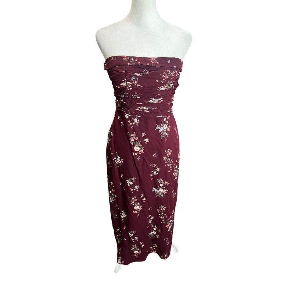 Reformation Strapless Burgundy Floral Midi Dress - Picture 2 of 7